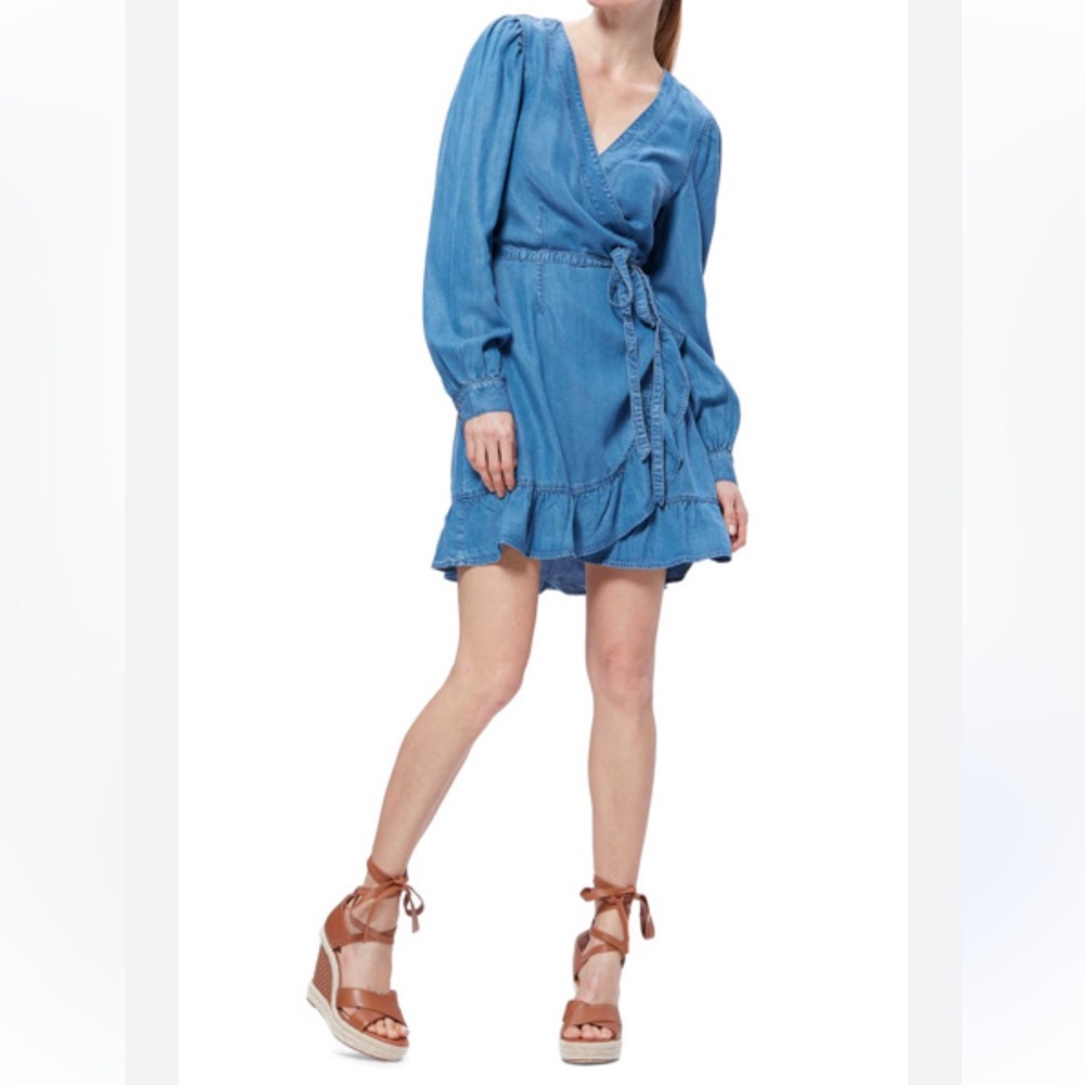 Paige Kendry long sleeve denim wrap dress in bijou blue size xs